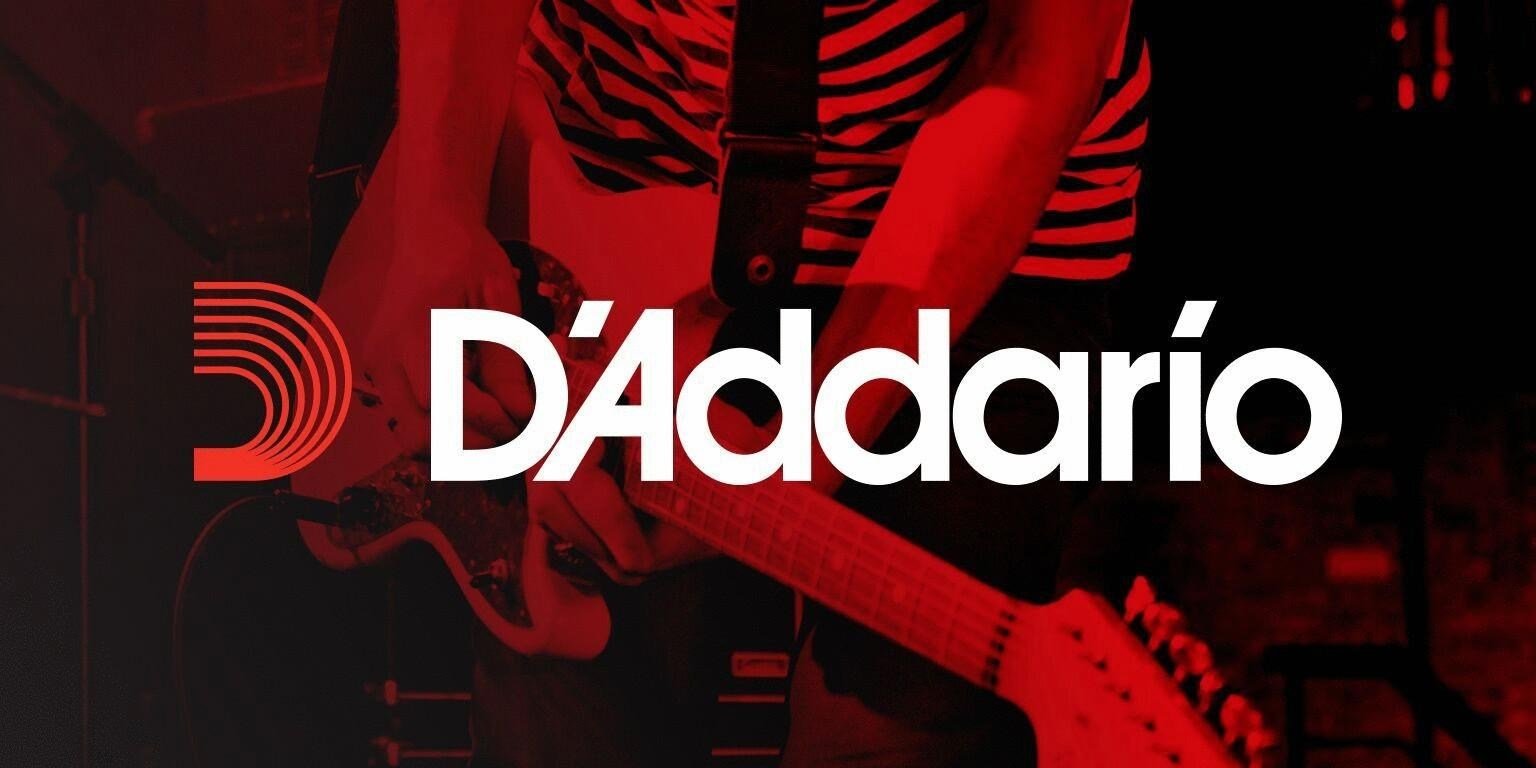 D’Addario logo imposed over image of a person playing guitar.