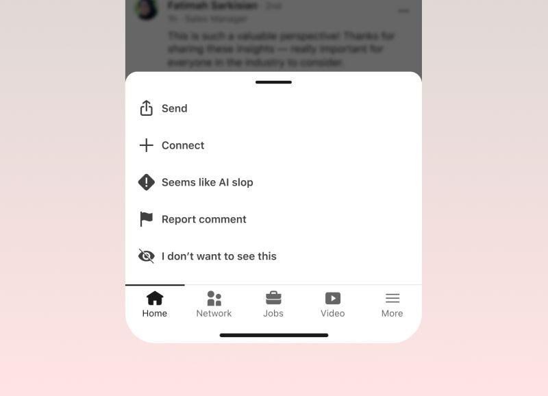 A screenshot of LinkedIn’s “Seems like AI slop” button.