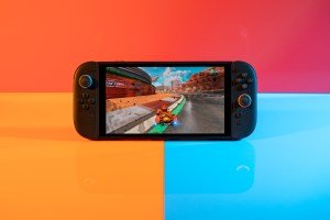 A photo of the Nintendo Switch 2 running Mario Kart World in handheld mode.