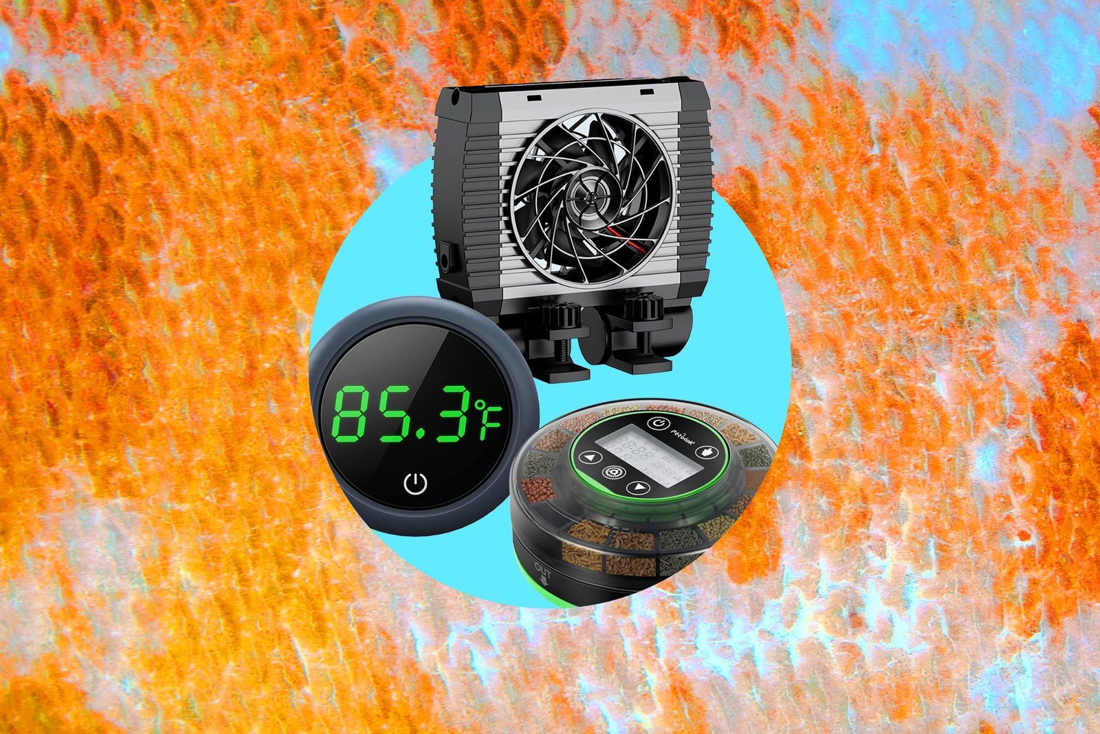 Digital aquarium supplies on a background of fish scales.