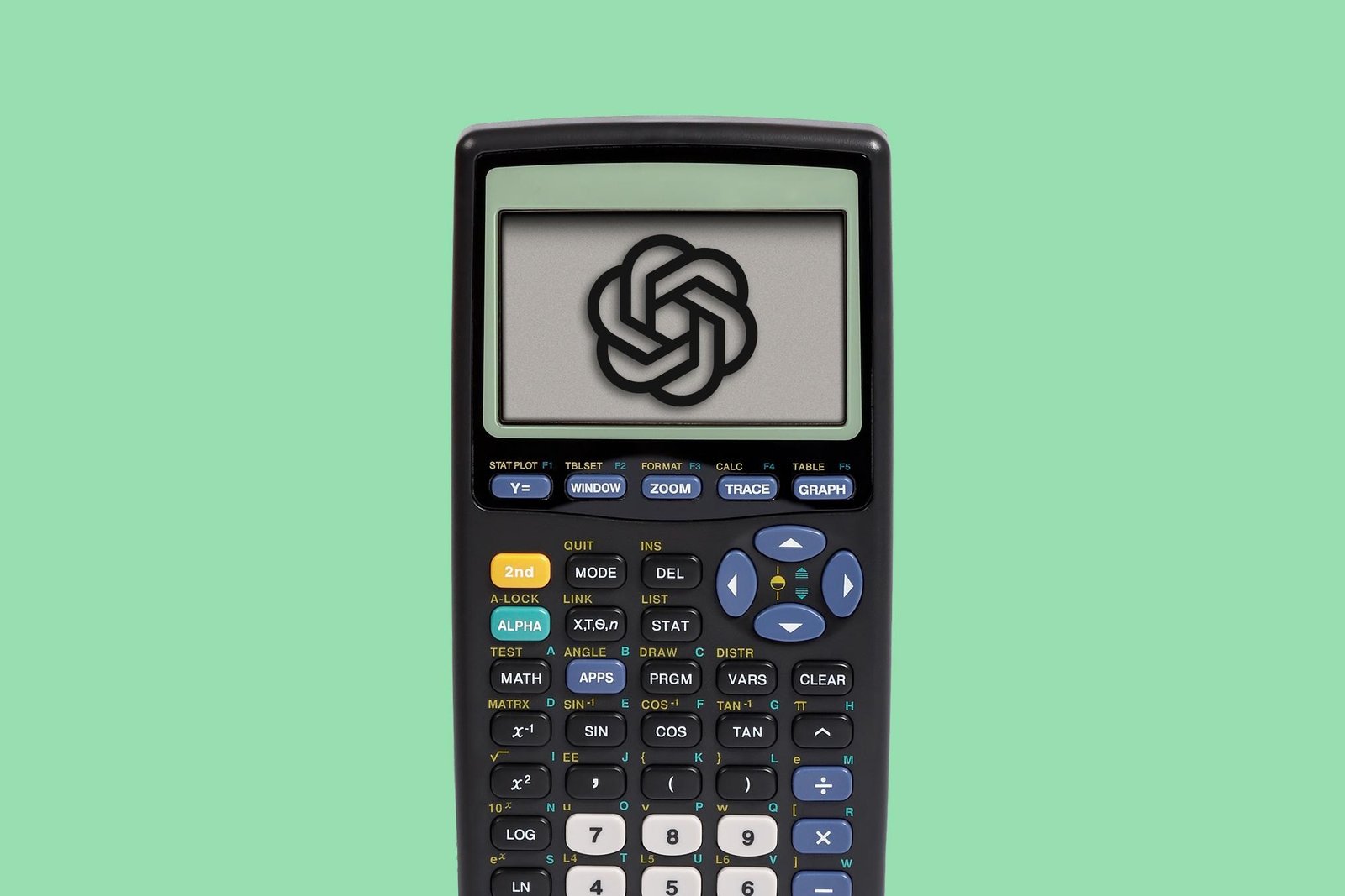 Graphing calculator with the OpenAI logo on the screen