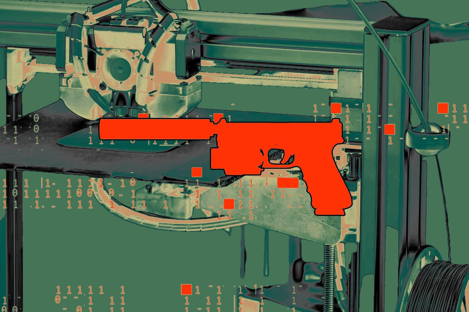 An illustration of a 3d printer printing a gun part