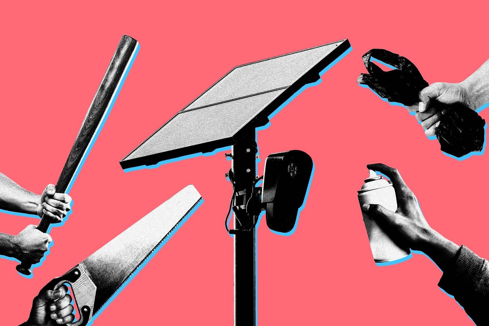 Illustration of hands holding instruments to destroy a Flock camera