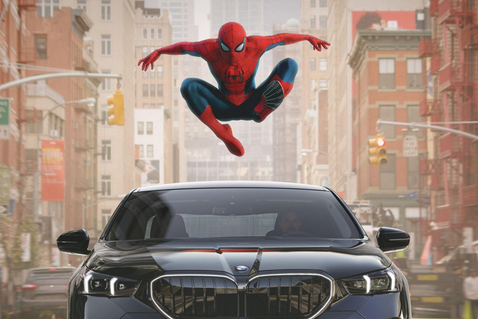 Spider-Man leaping over a BMW