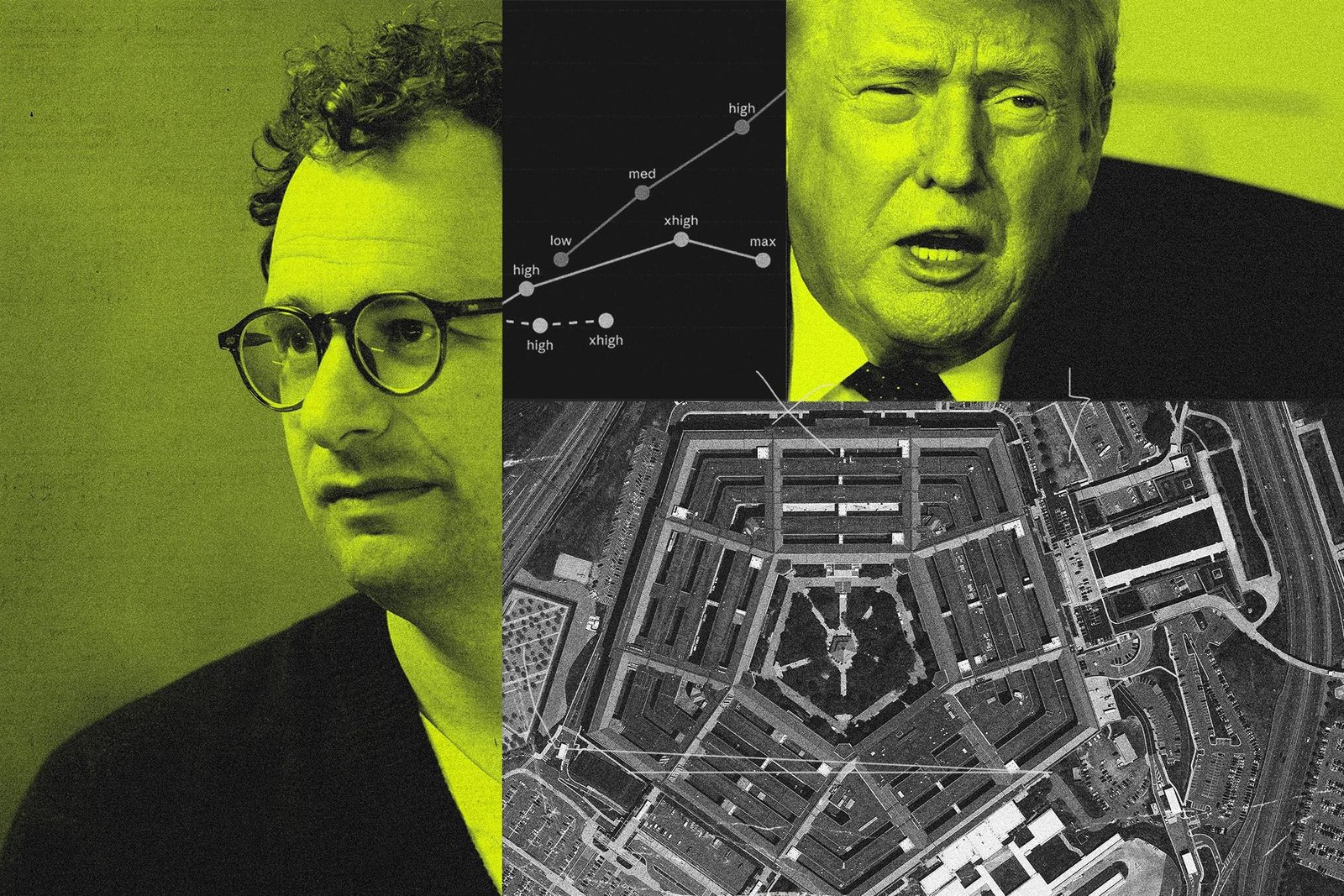 A photo illustration featuring Anthropic CEO Dario Amodei, President Donald Trump, and the Pentagon.