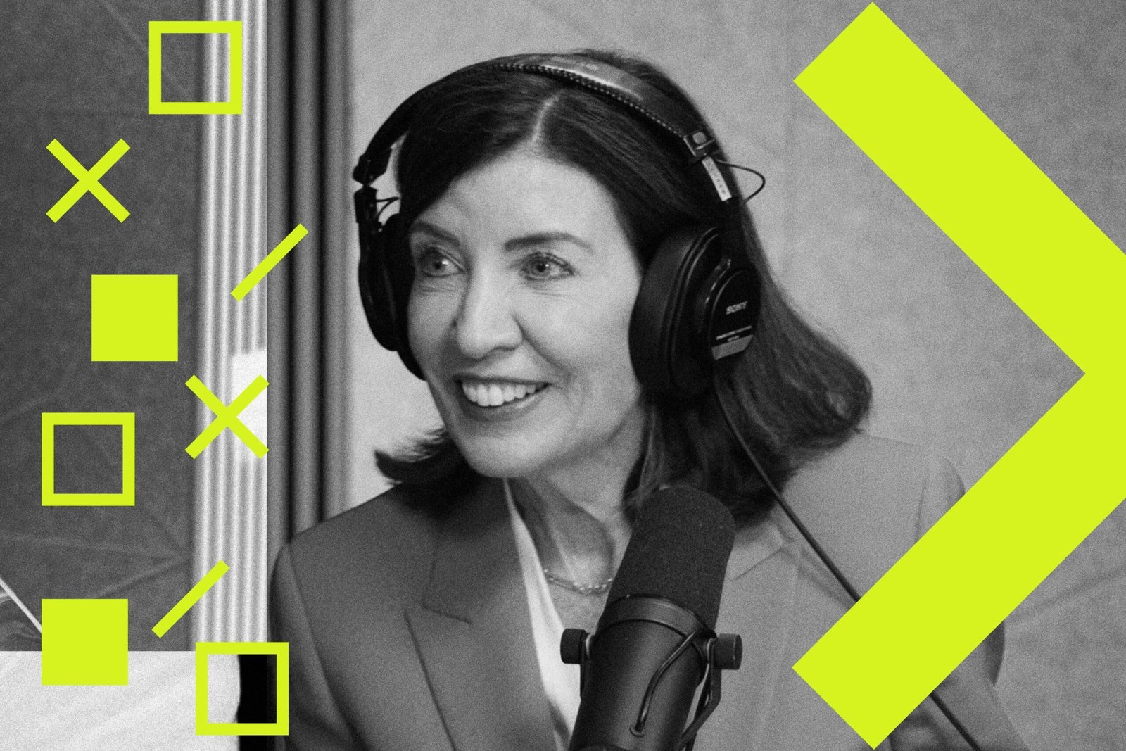 A stylized illustration of New York governor Kathy Hochul in a podcast studio