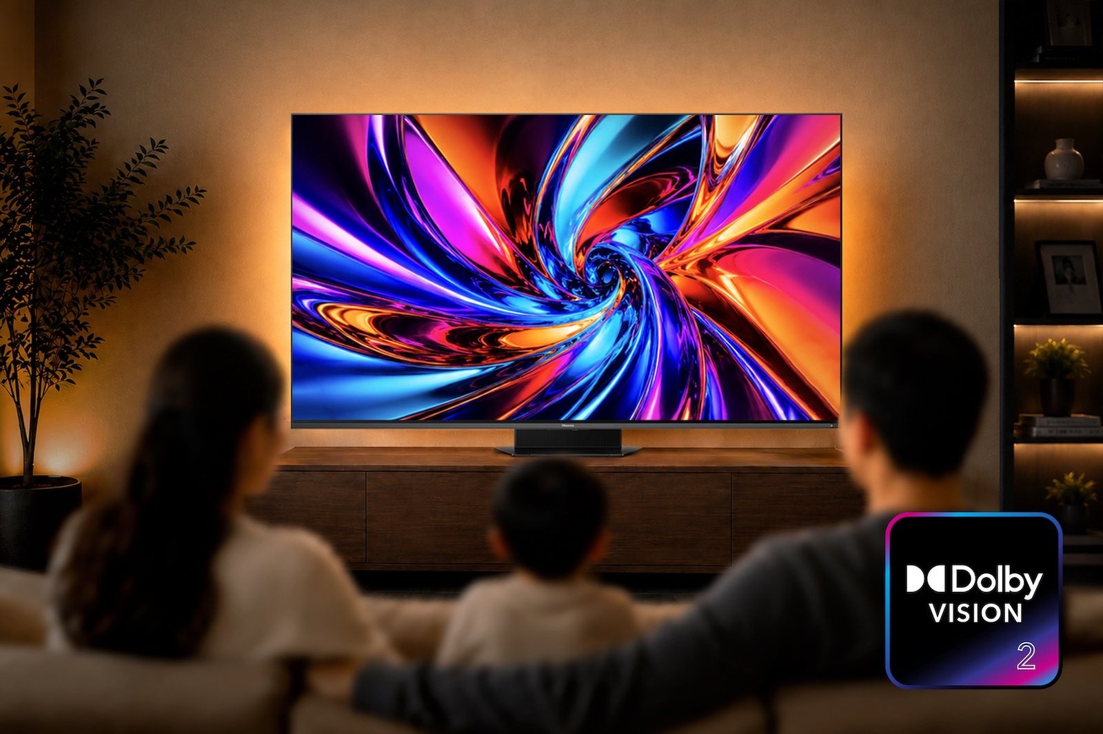 A family sitting in front of a Hisense TV displays swirling colors with a Dolby Vision 2 emblem in the lower right corner.