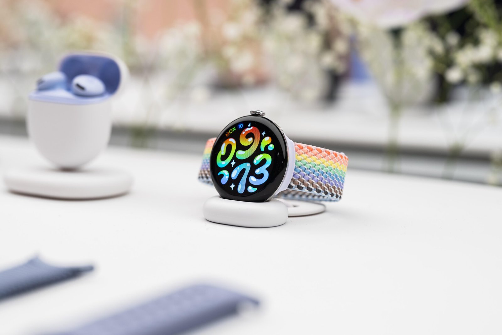 Pixel watch 5 on its dock with a colorful rainbow textile strap. The pixel buds 2 are in the background.