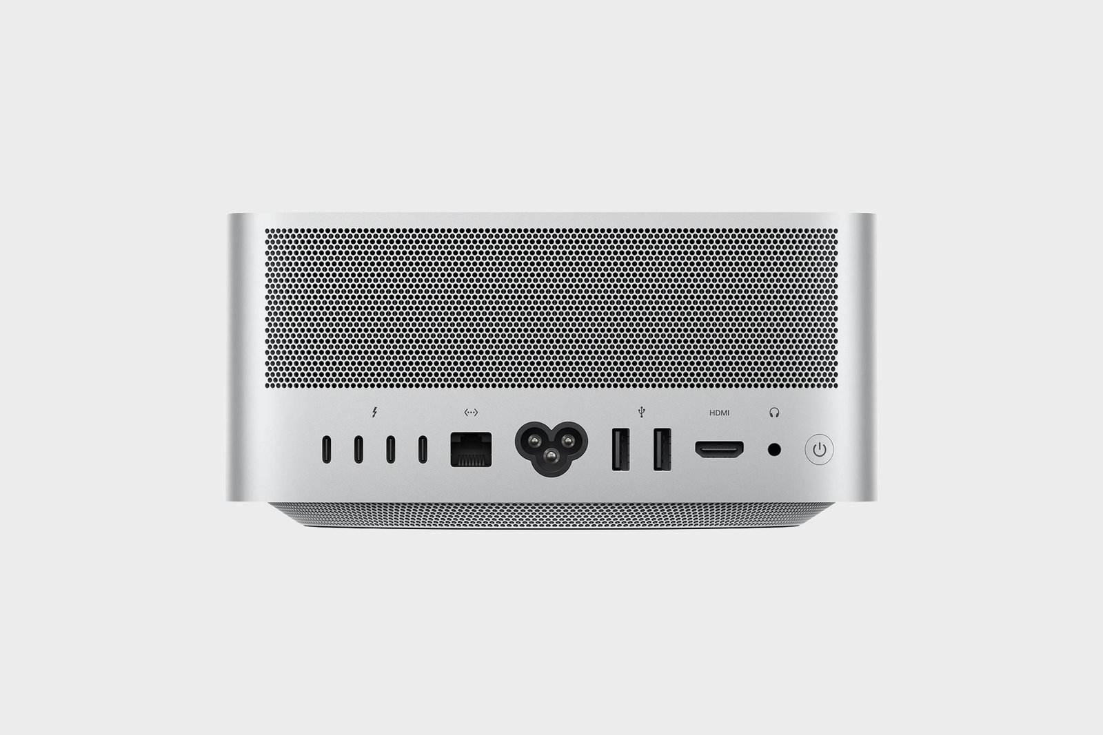 A rear view of the M5 Max / M5 Ultra Mac Studio, showing its many ports.