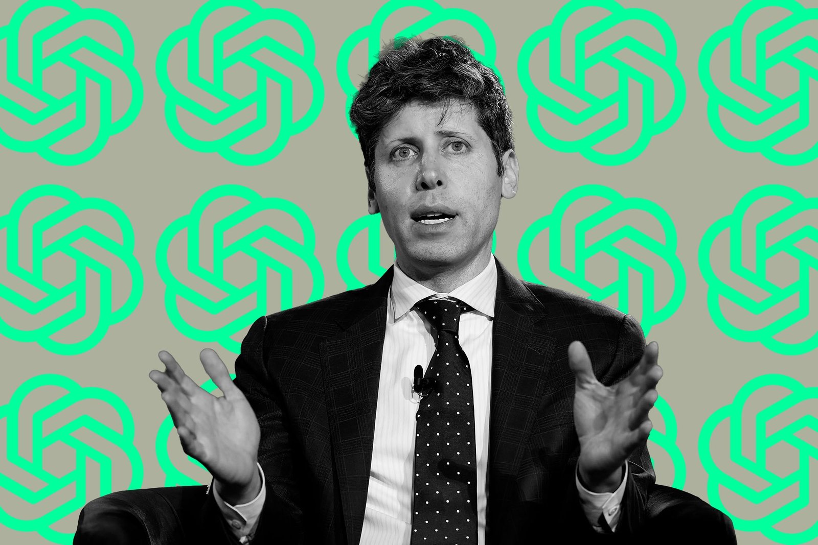 Sam Altman with OpenAI logo on green and gray background.