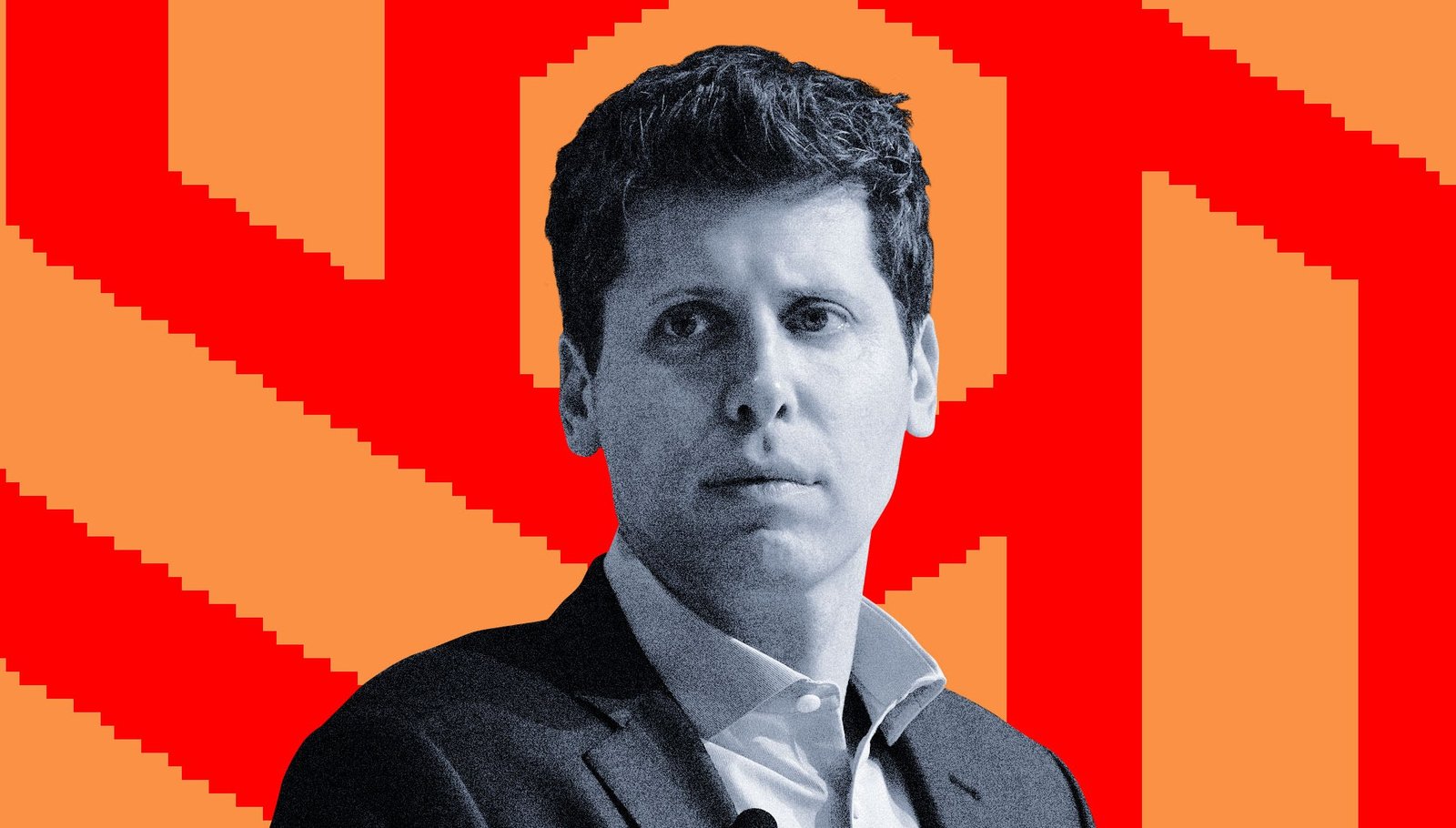 Photo collage of Sam Altman in front of the OpenAI logo.