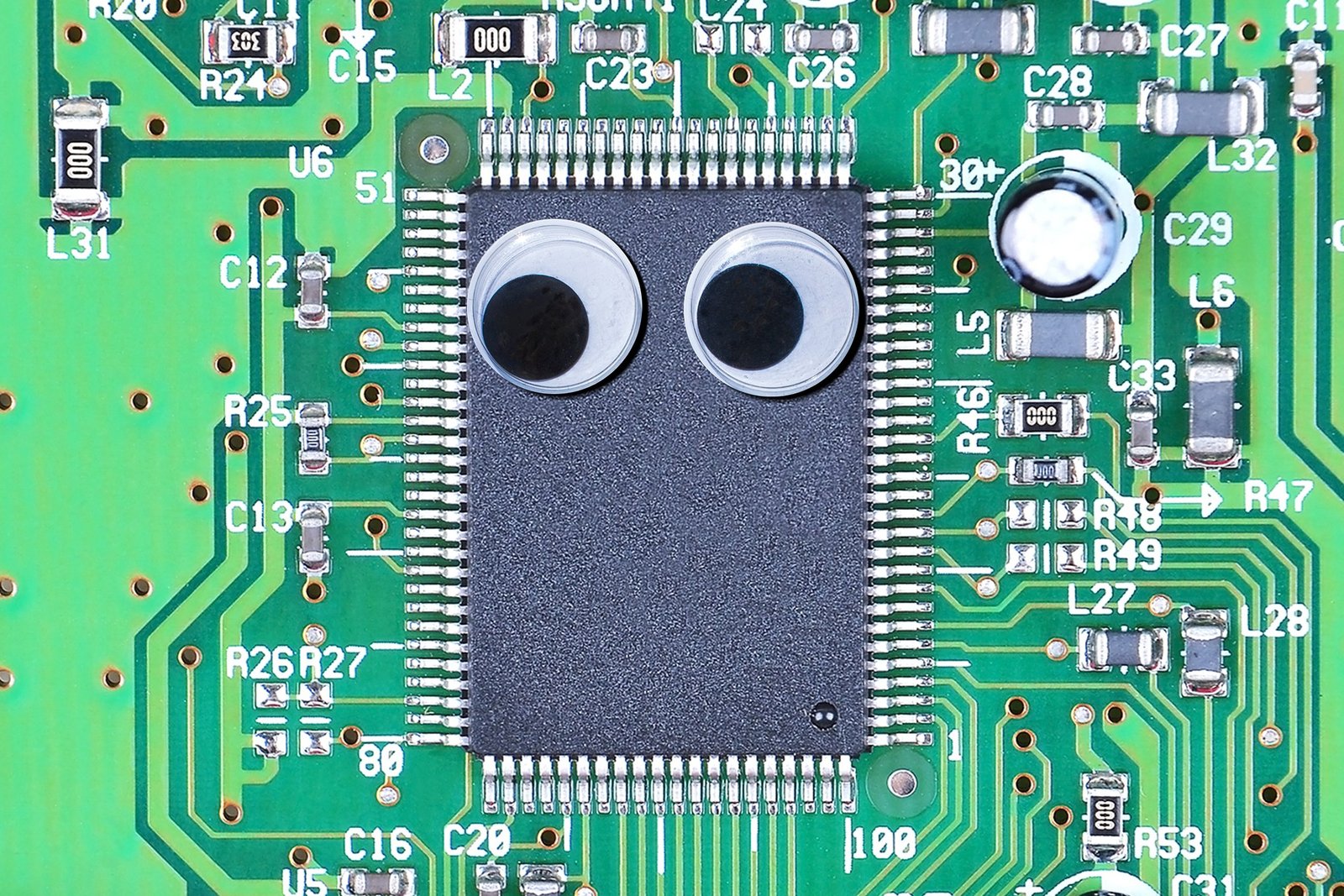 Googly eyes on a computer motherboard.