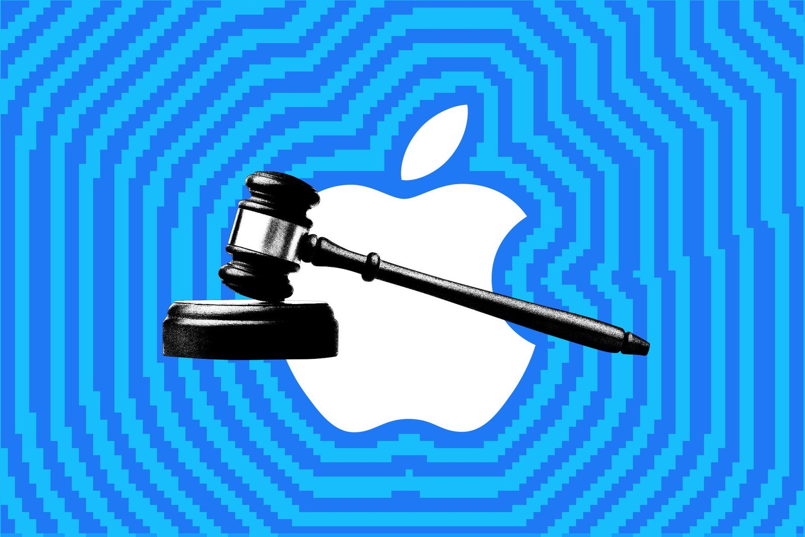 An illustration of Apple’s logo and a gavel.