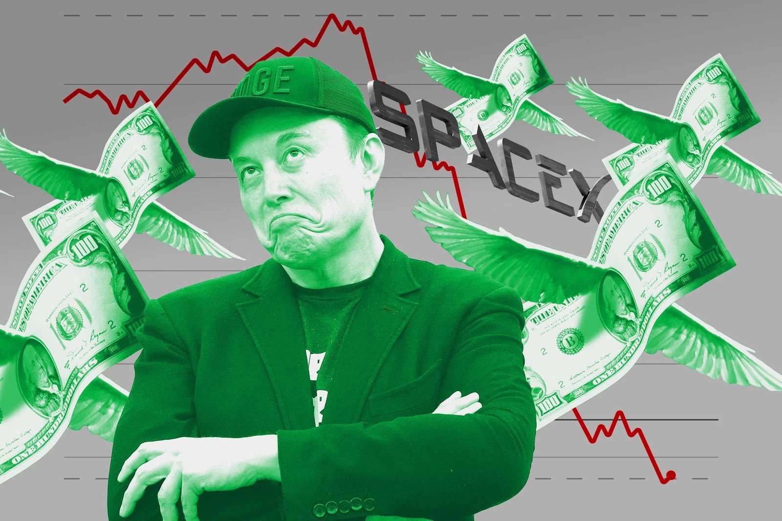 Elon Musk with money flying away.