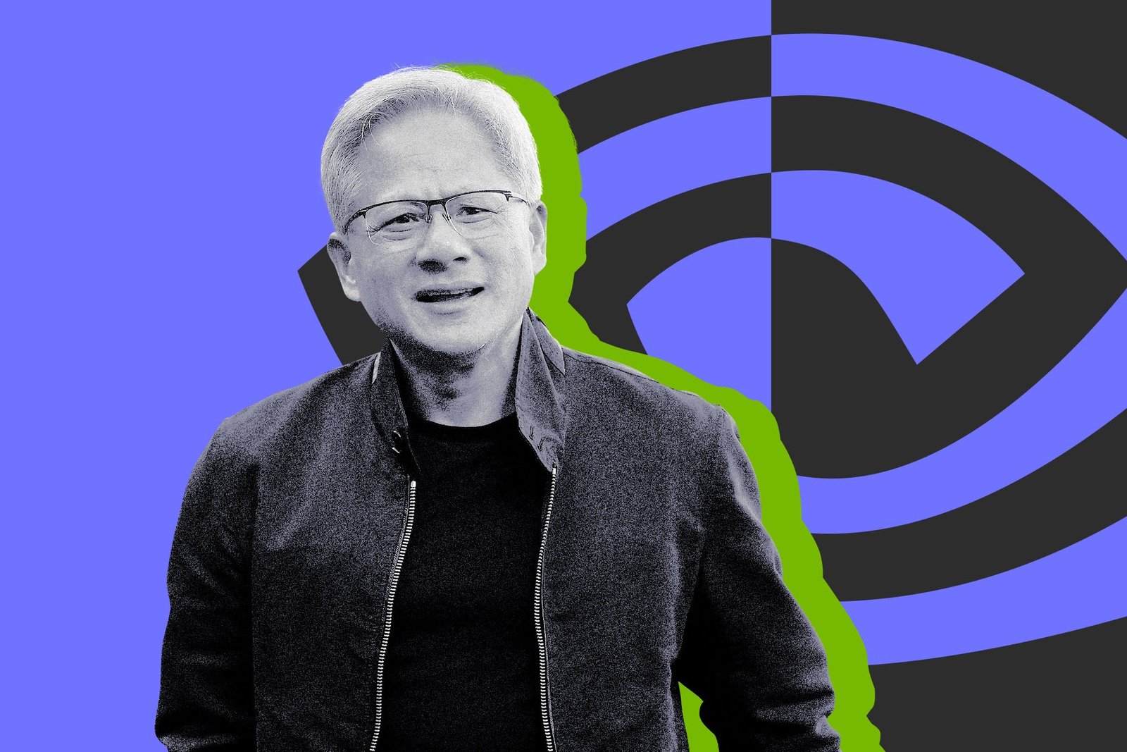 Digital photo collage of Nvidia CEO Jensen Huang.