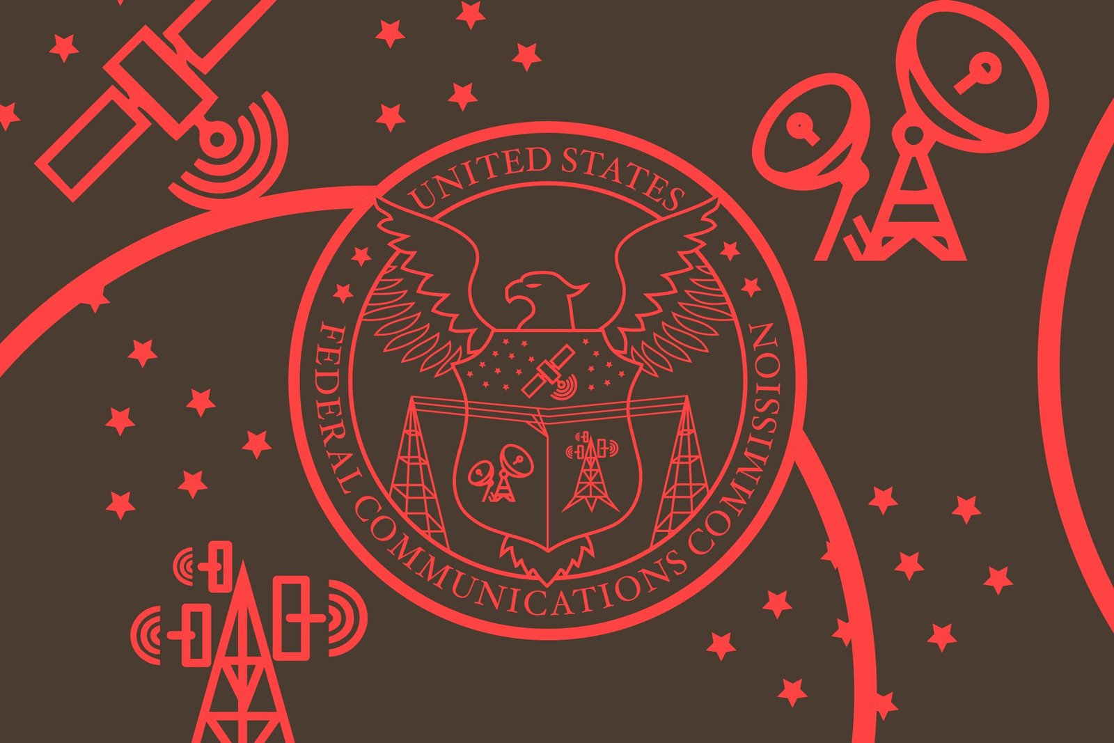 The FCC seal surrounded by icons of satellites.