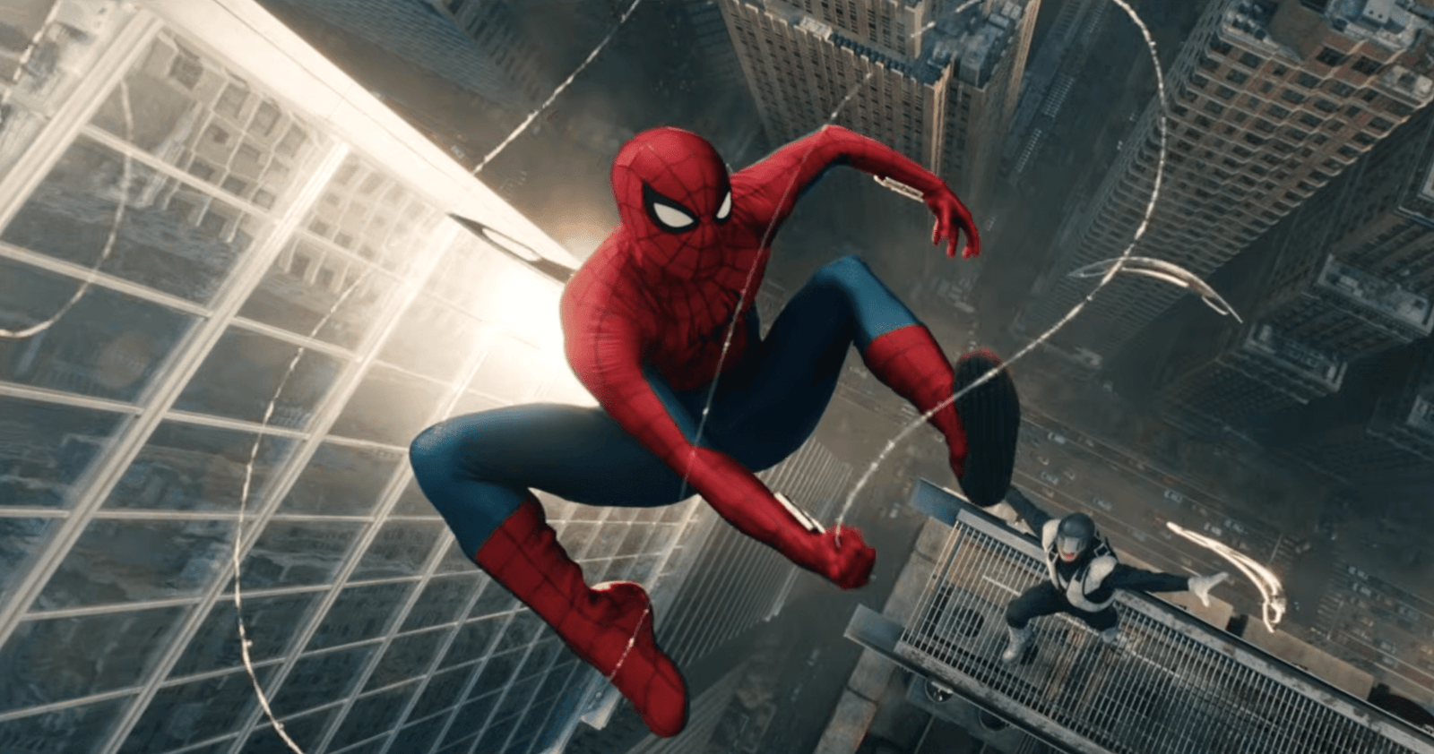 Spider-Man swinging through downtown Manhattan.