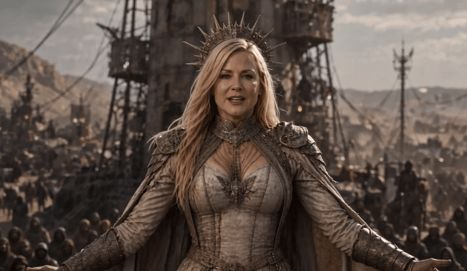 An AI-generated image of a woman in armor standing on al elevated platform surrounded by soldiers.