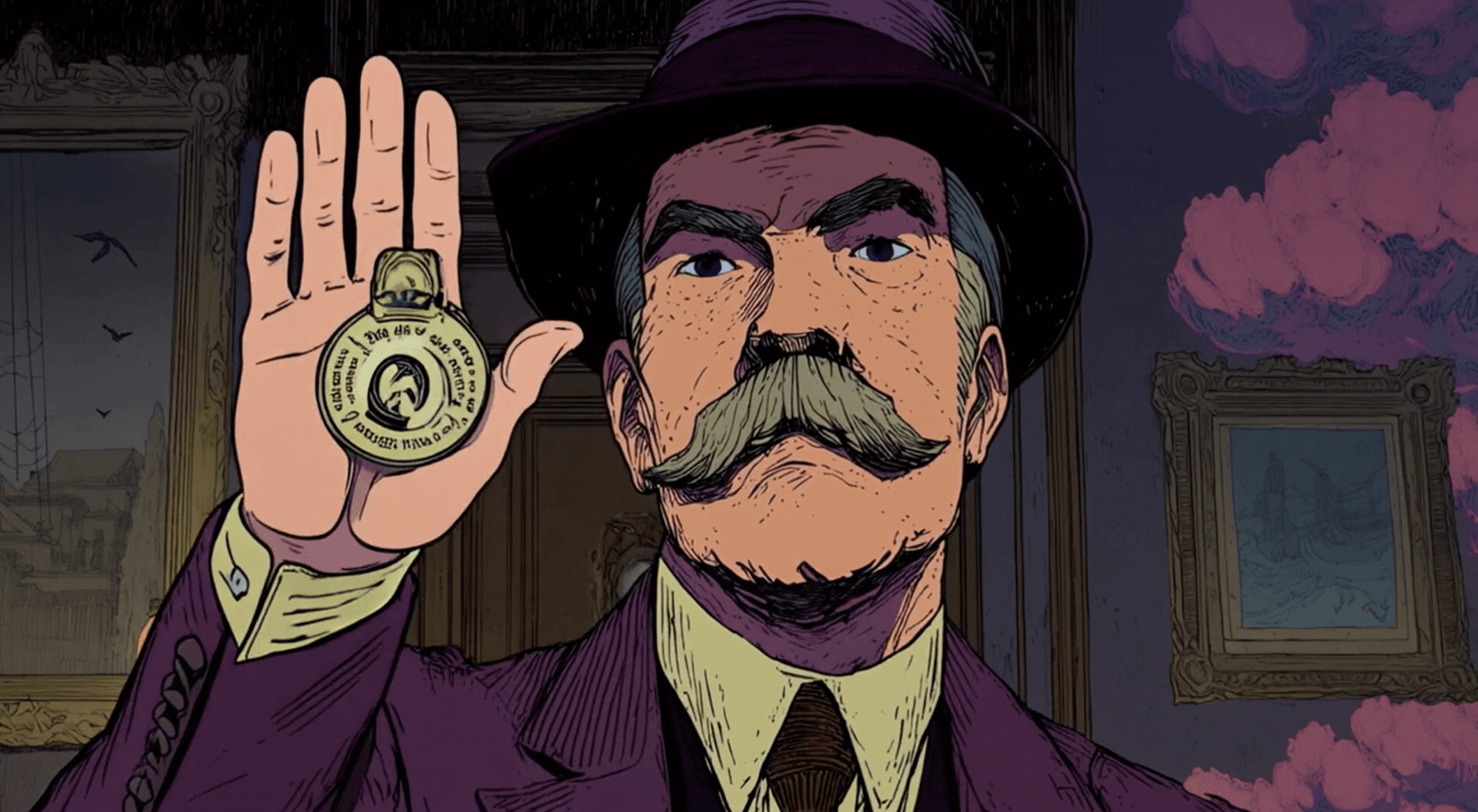 An AI-generated illustration of a man in a suit holding up a purple pocket watch.