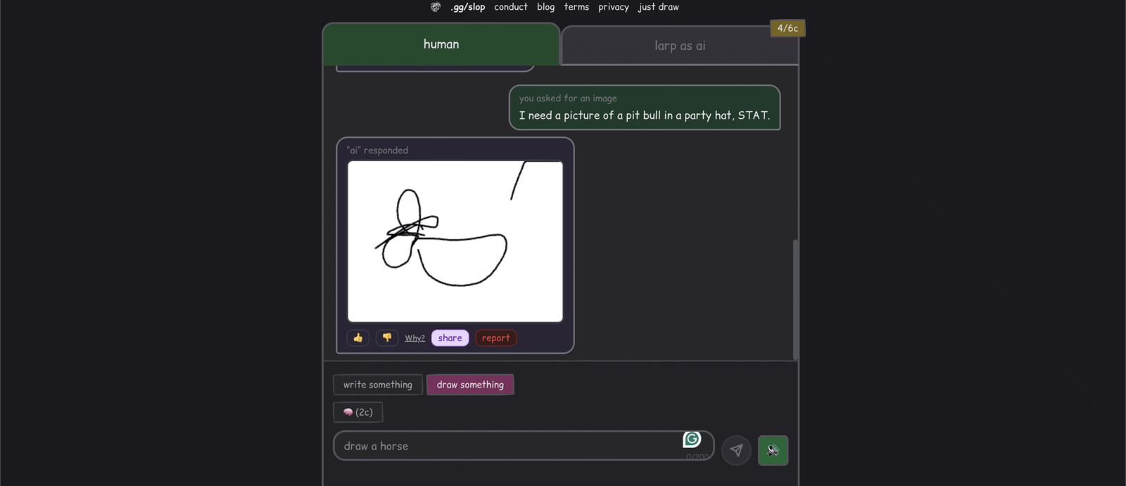 Screenshot of a real human posing as a fake AI and producing a scribble that’s supposed to be a Pit Bull in a party hat.