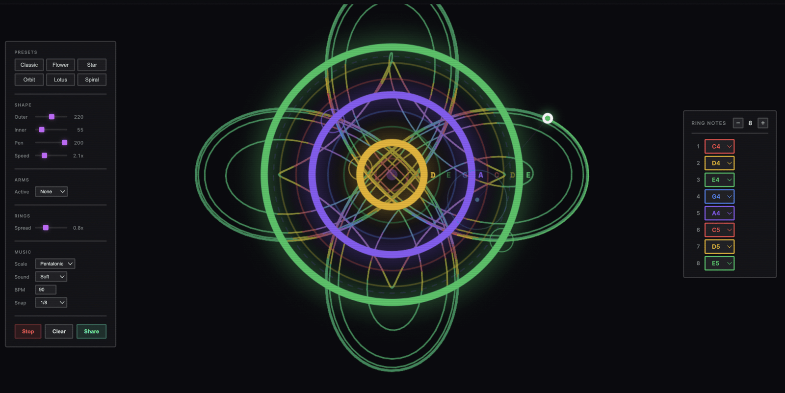 Musical Spirograph webapp.