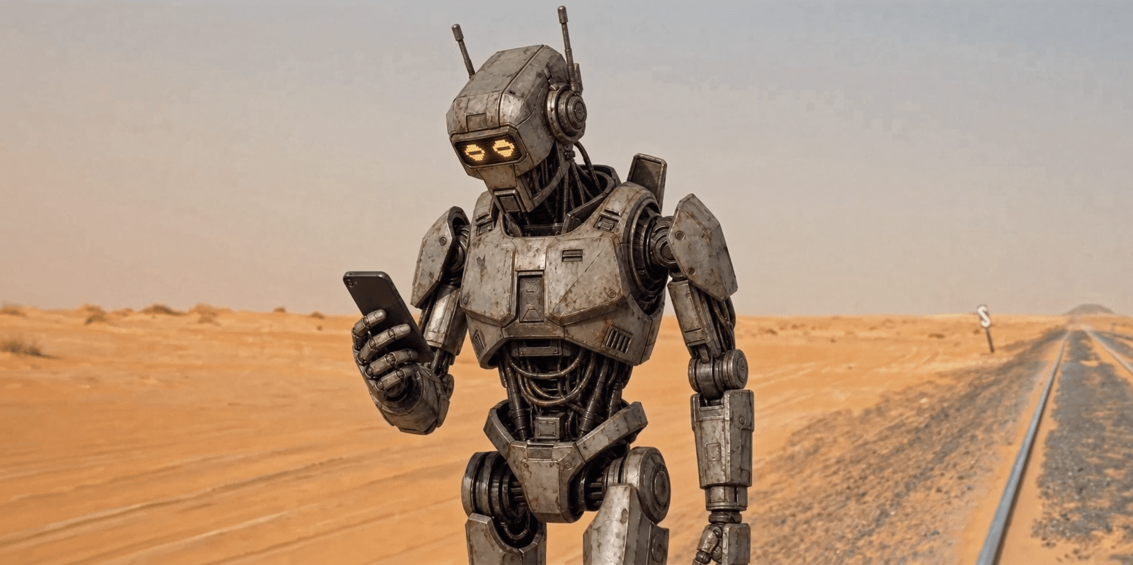 An AI-generated image of a humanoid robot looking at a cellphone while walking through the desert.