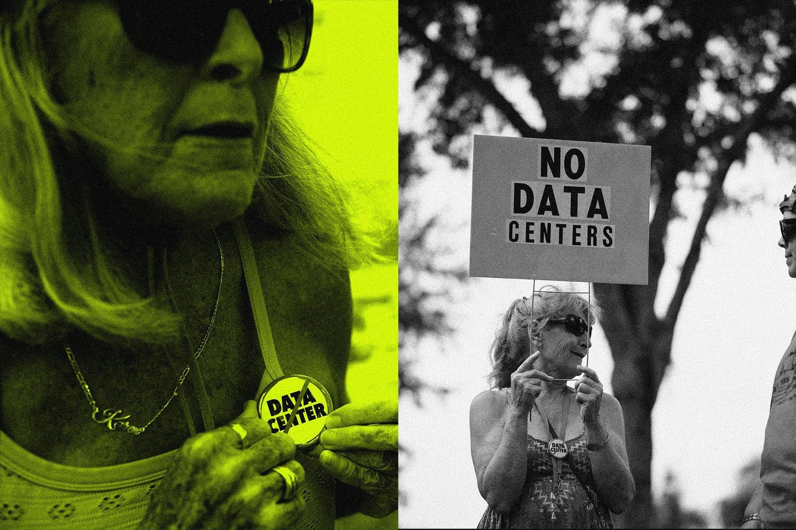 A photo illustration featuring data center protesters.