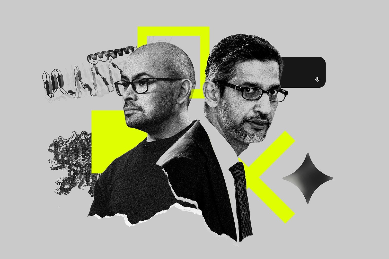 A photo illustration featuring Google CEO Sundar Pichai and Deepmind cofounder Demis Hassabis.