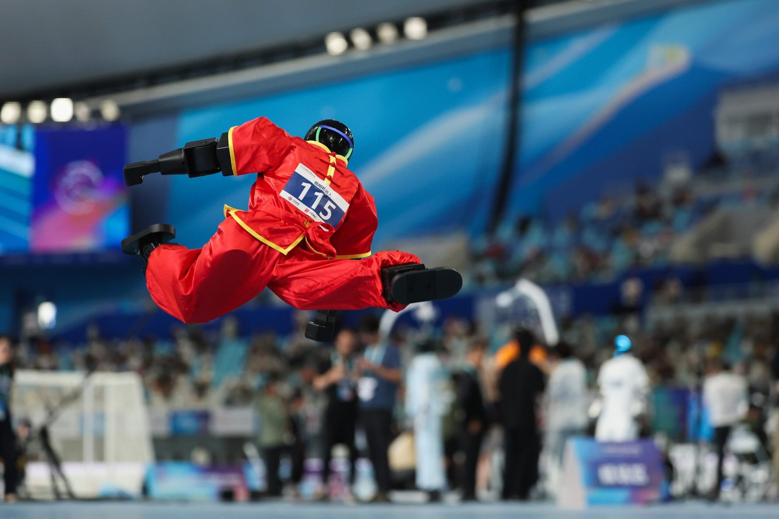 Humanoid robot competes in the optional boxing routine event during the 2nd World Humanoid Robot Games at National Speed Skating Oval on August 26, 2026 in Beijing, China. 