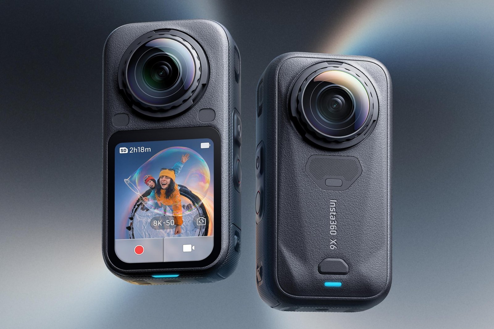 The Insta360 X6 360-degree action camera pictured from the front and back.