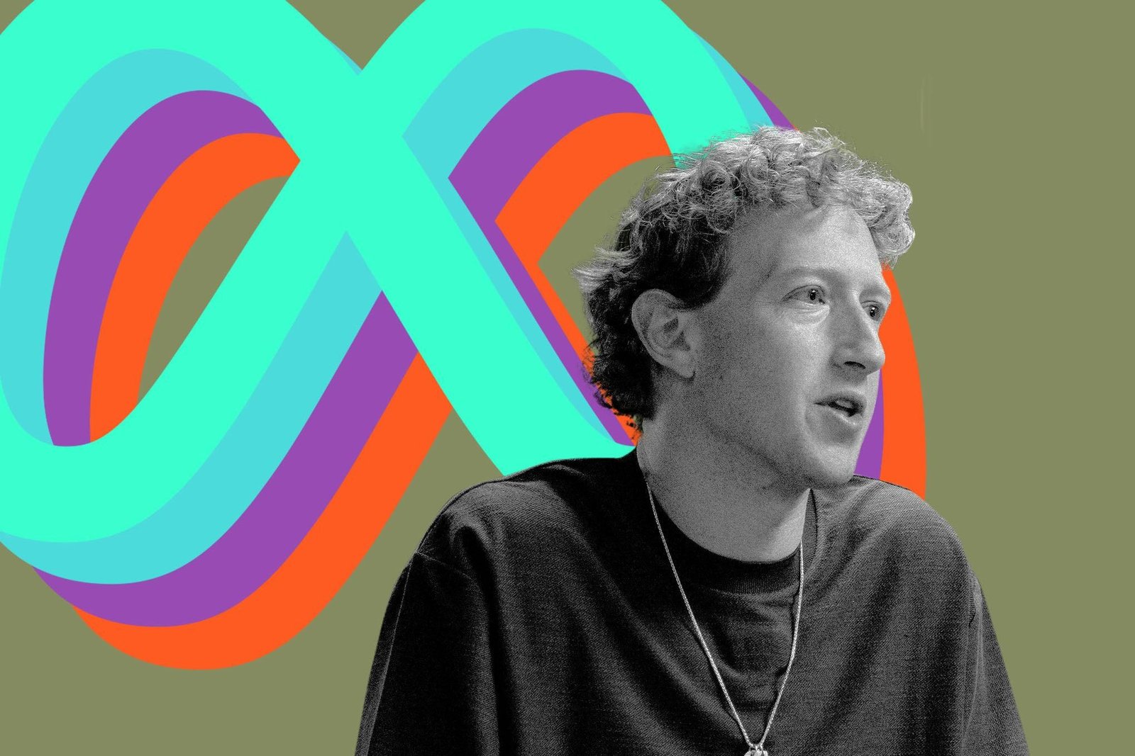 Mark Zuckerberg, wearing his big shirt and chain, is in black and white in front of the Meta logo