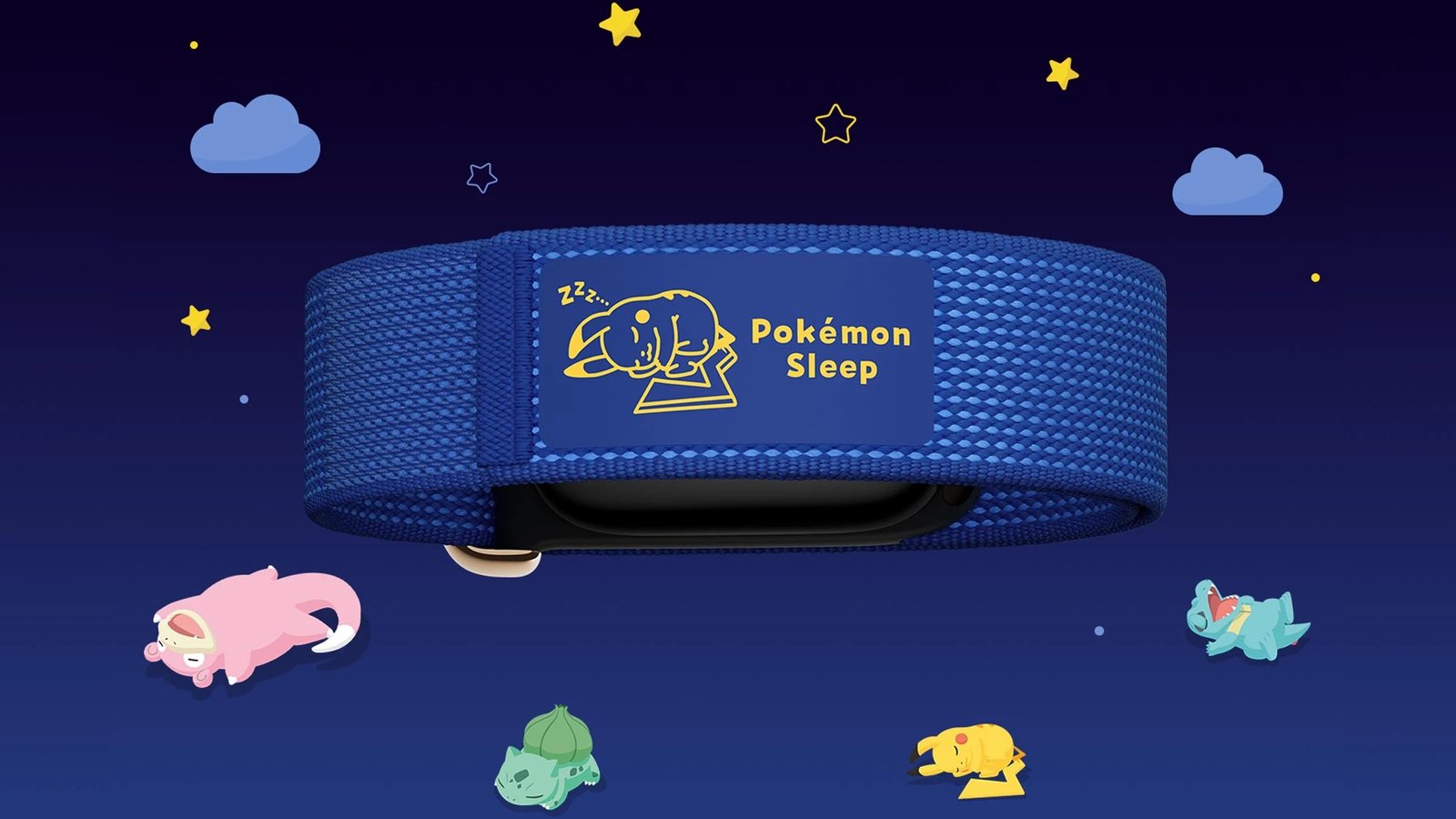 The Pokemon Sleep special-edition Fitbit Air in front of stars and pokemon characters