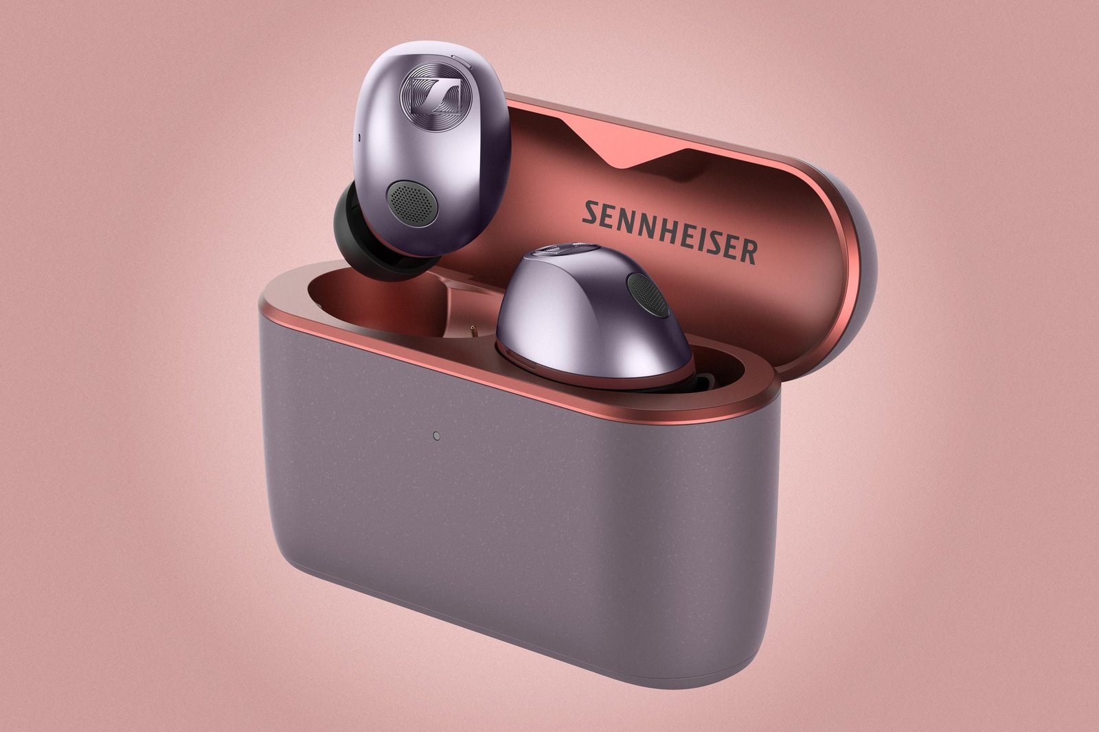 The Sennheiser Momentum True Wireless 5 earbuds with the lid open and one earbud popping out.