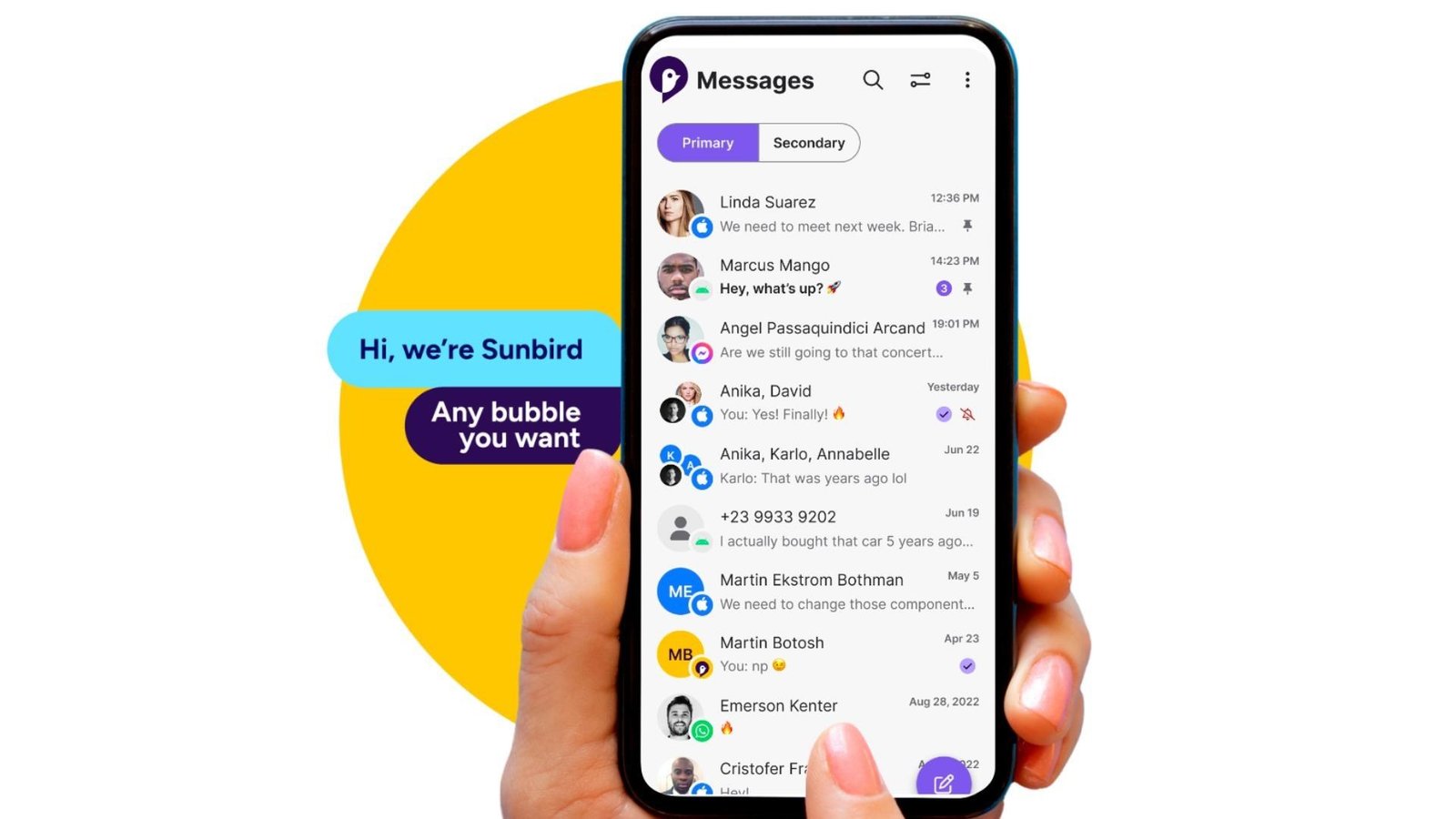 A person holding a phone with the Sunbird app on screen