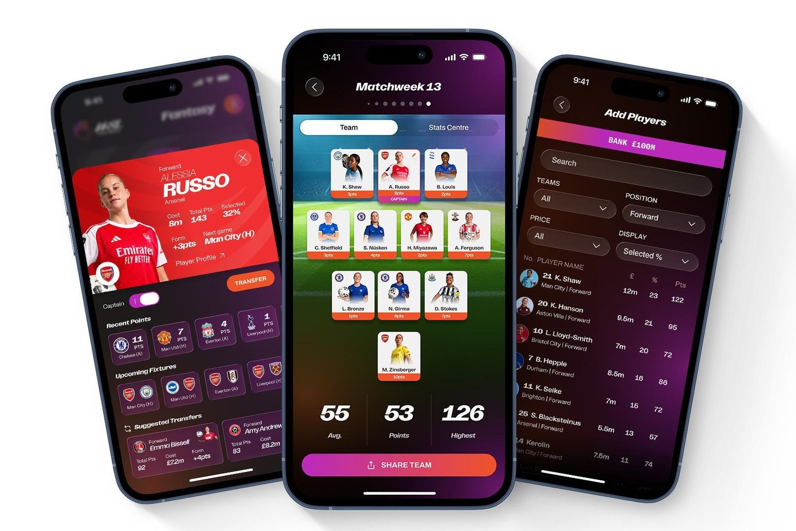 Render of three phones showing screenshots from the WSL fantasy football app