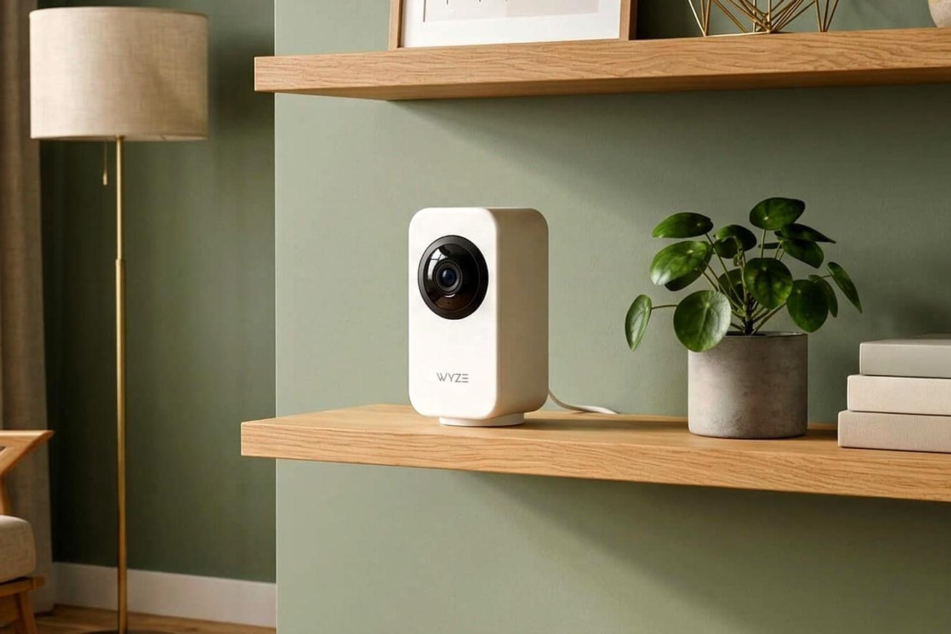 The Wyze Indoor Cam Pan sitting on a wooden shelf next to a small plant.