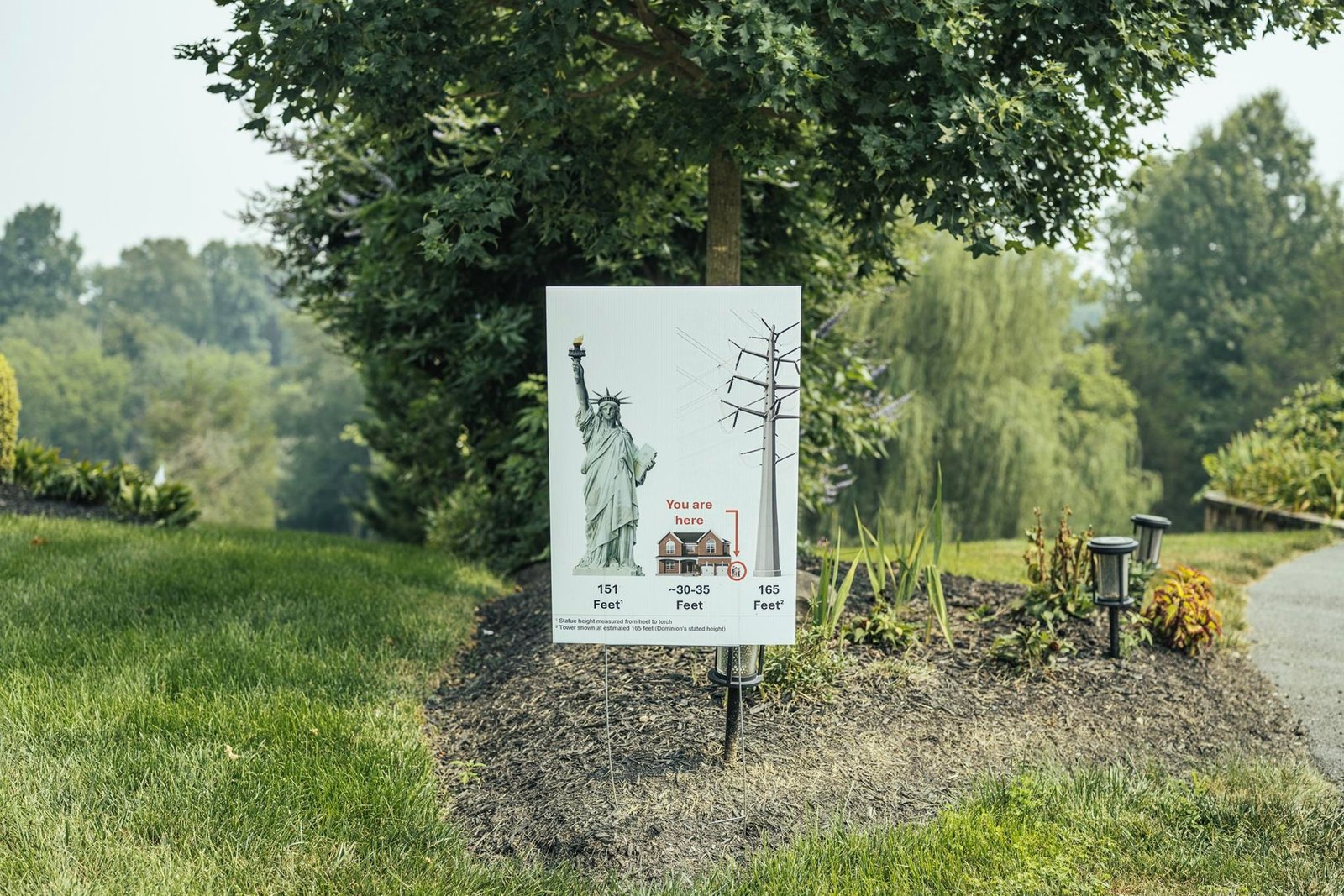 A sign in Loudoun Valley Estates compares the size of a proposed transmission tower to the Statue of Liberty. A sign in Loudoun Valley Estates compares the size of a proposed transmission tower to the Statue of Liberty.