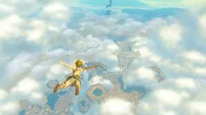Screenshot from Tears of the Kingdom featuring Link, a blond-haired slight build man, falling through the sky as Hyrule unfolds below him.