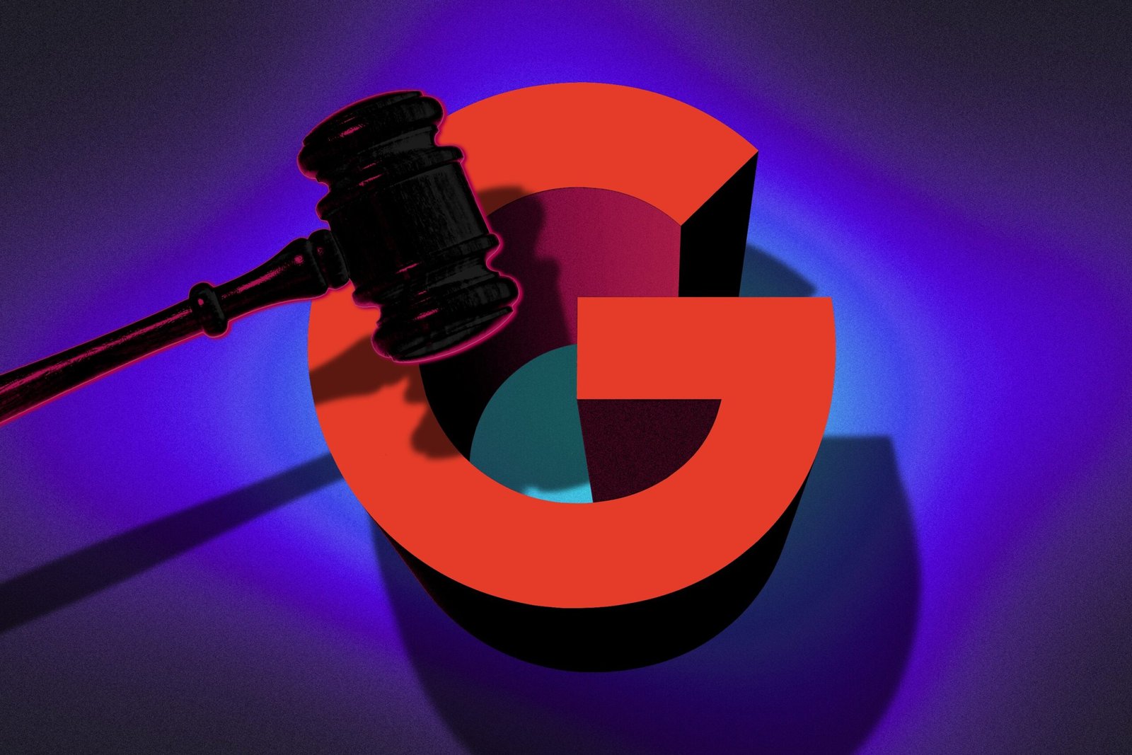 An illustration showing the Google logo with a gavel