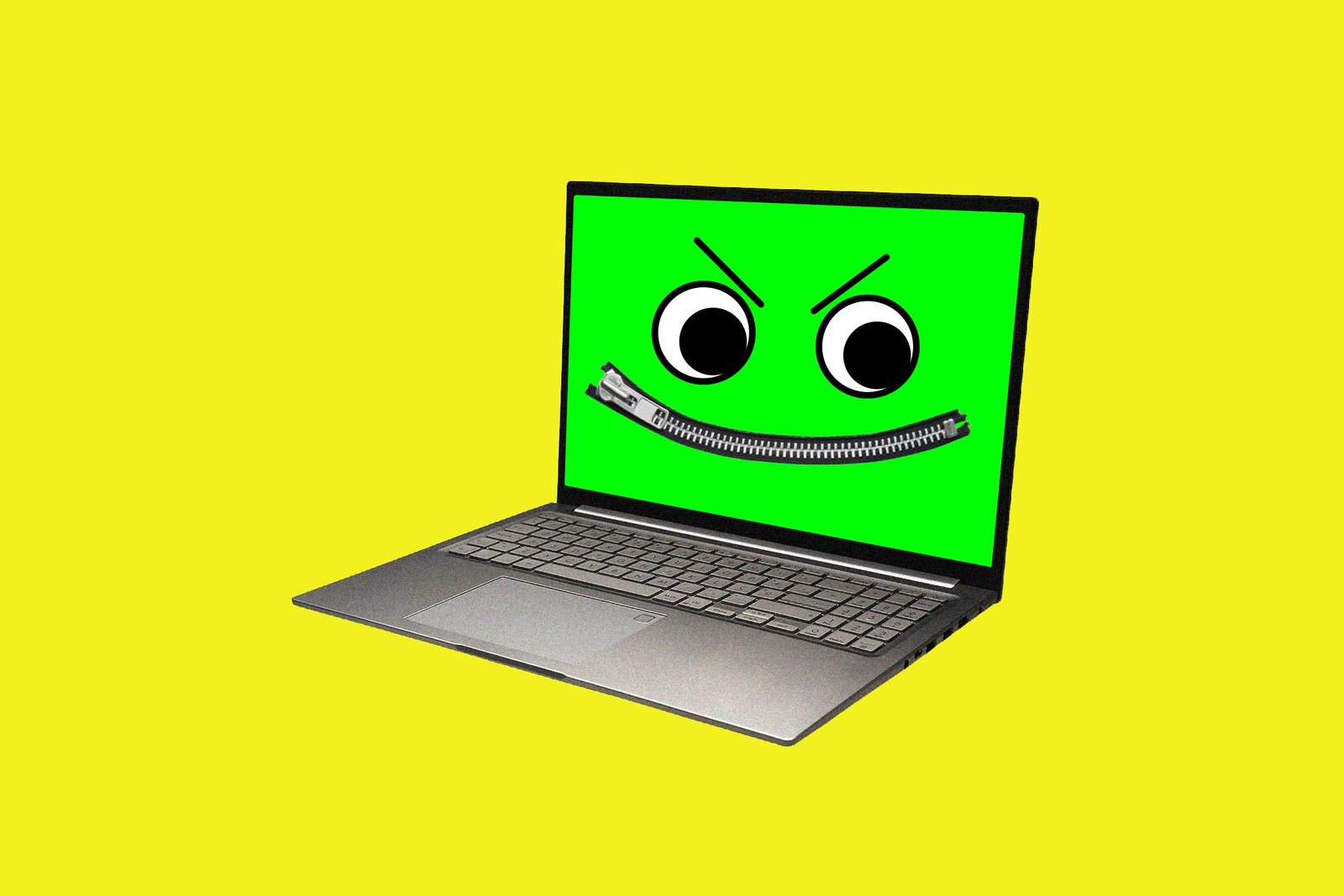 A laptop with a green malicious smiley face on its screen, the mouth a zipper.
