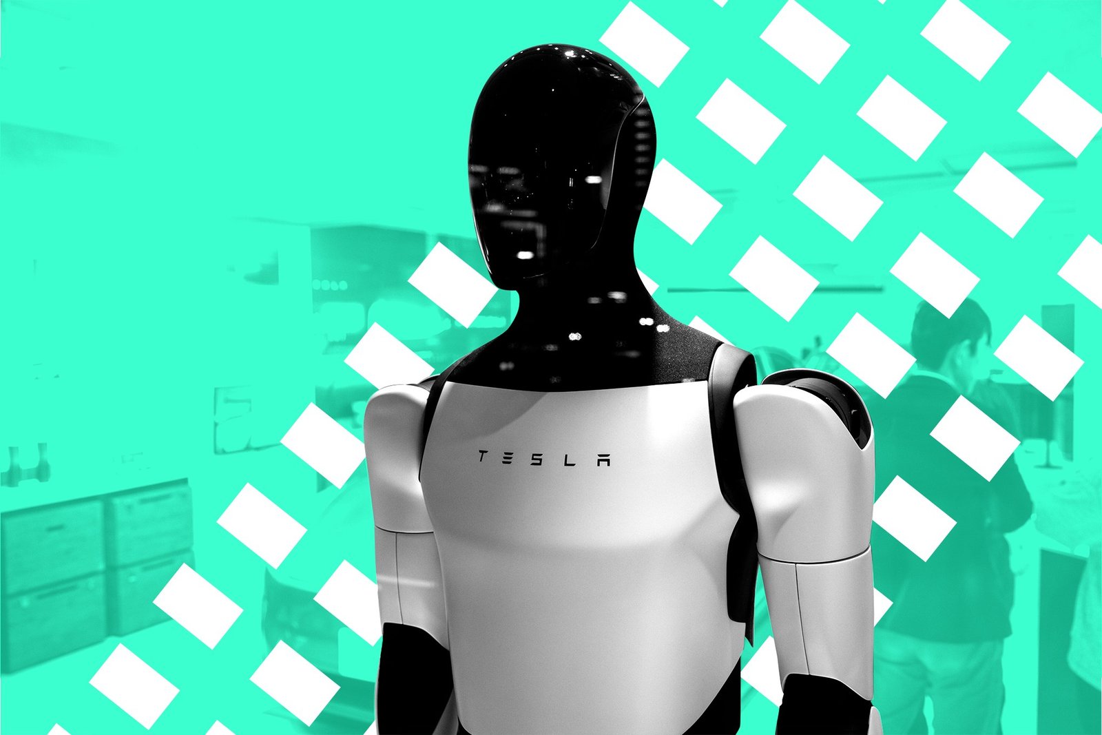 One of Tesla’s Optimus robots set over a green background.