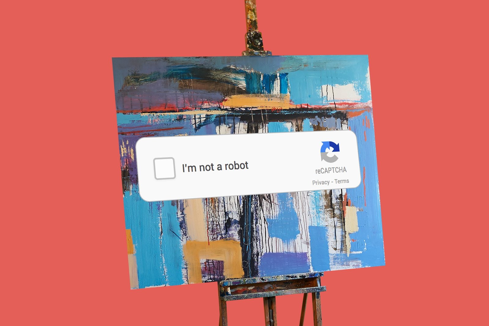 Painting on an easel with a reCAPTCHA box.