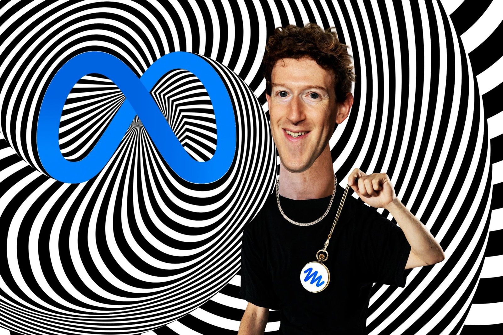 Caricature of Mark Zuckerberg holding a swinging pocket watch in front of a swirly Meta vortex.