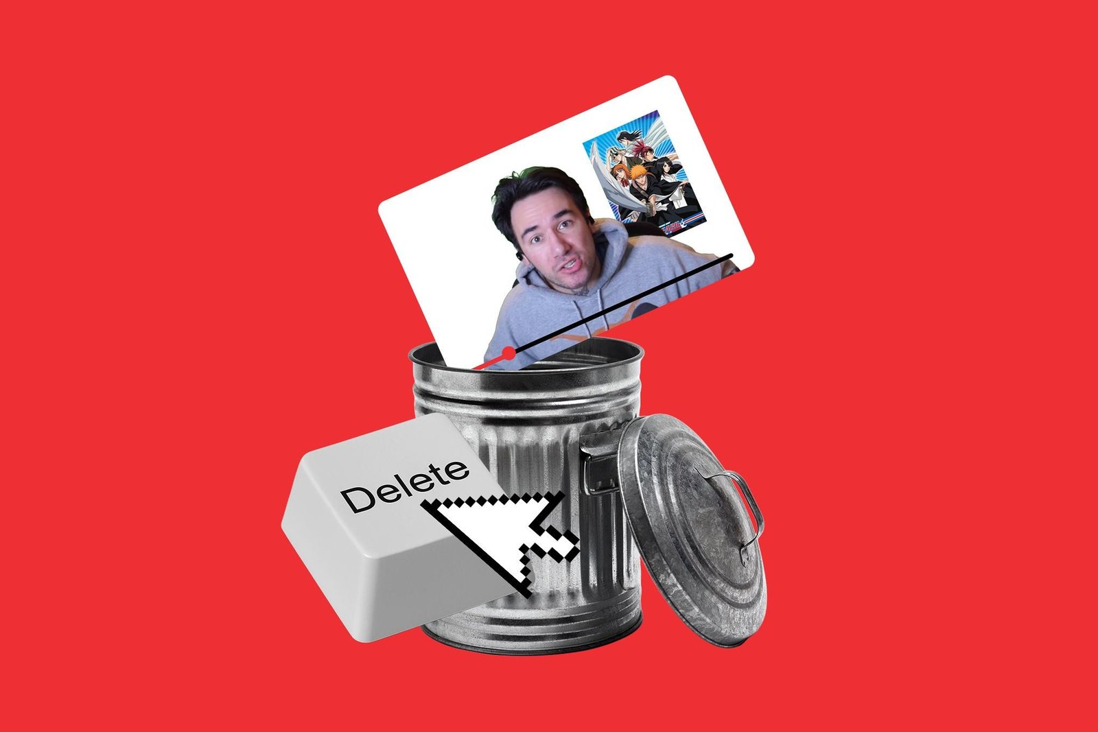 A digital illustration depicting a thumbnail of a YouTube reaction video being placed in a garbage can. Next to the garbage can is a delete button from a mechanical keyboard.