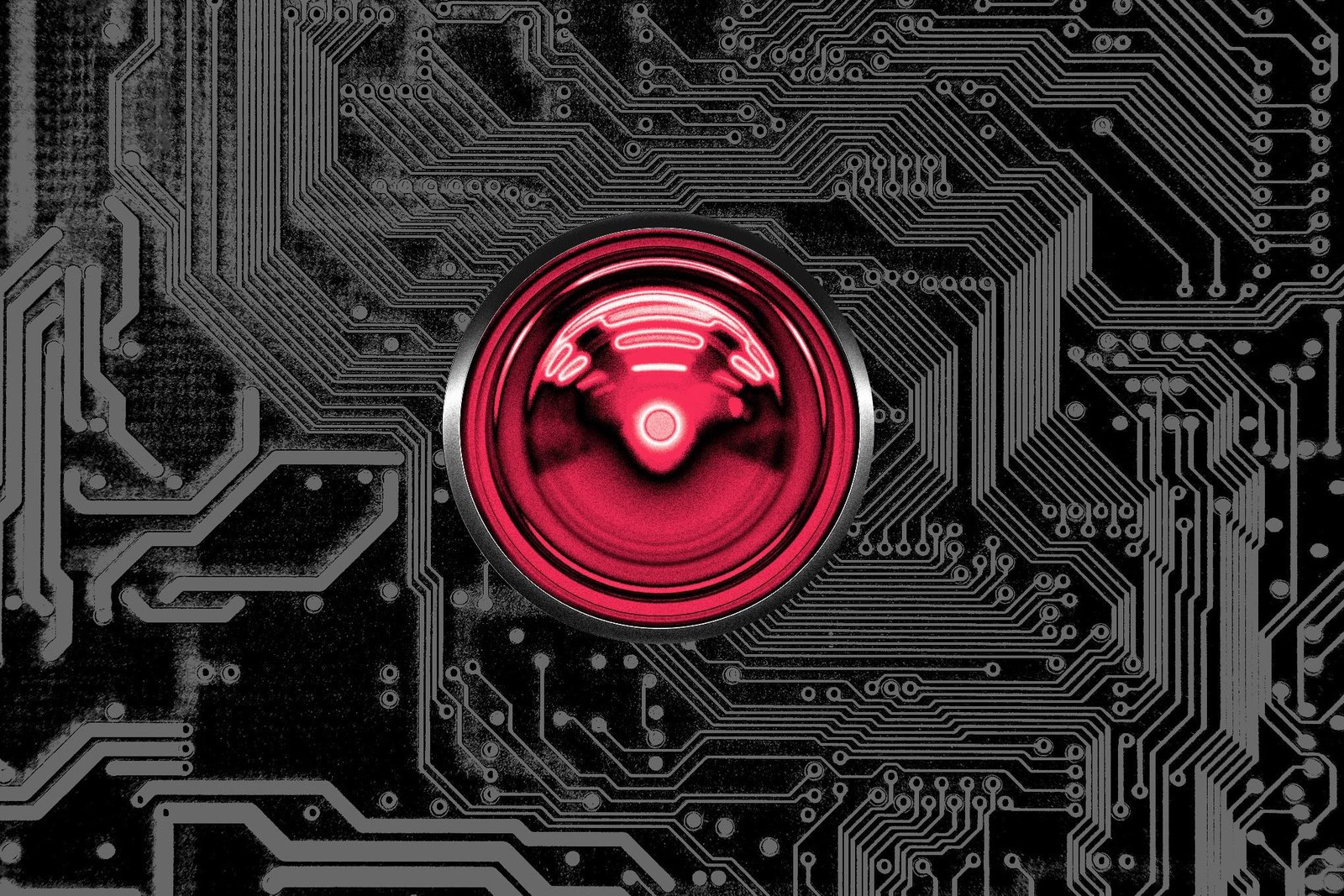 A digital illustration of a black circuit board and a red lens.