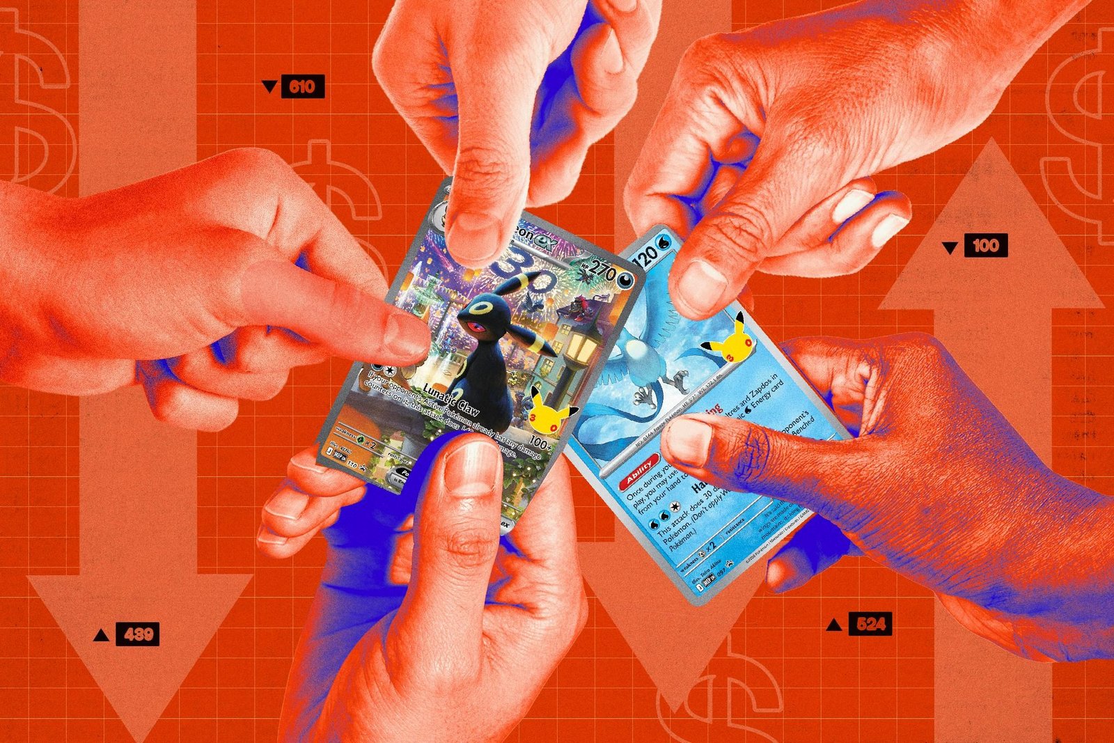 A digital illustration of hands holding two 30th Celebration Pokémon cards.
