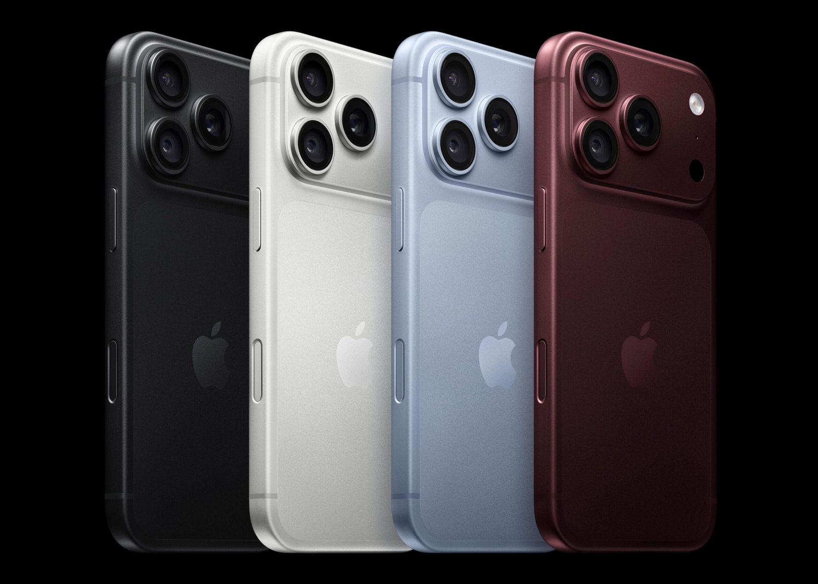 Photos of the iPhone 18 Pro colors: black, silver, blue, and burgundy.