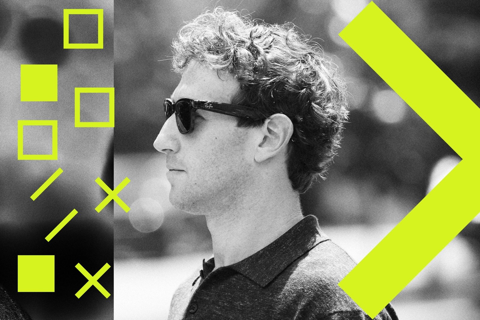 A photo illustration of Meta CEO Mark Zuckerberg wearing a pair of Meta Ray-Ban smart glasses.