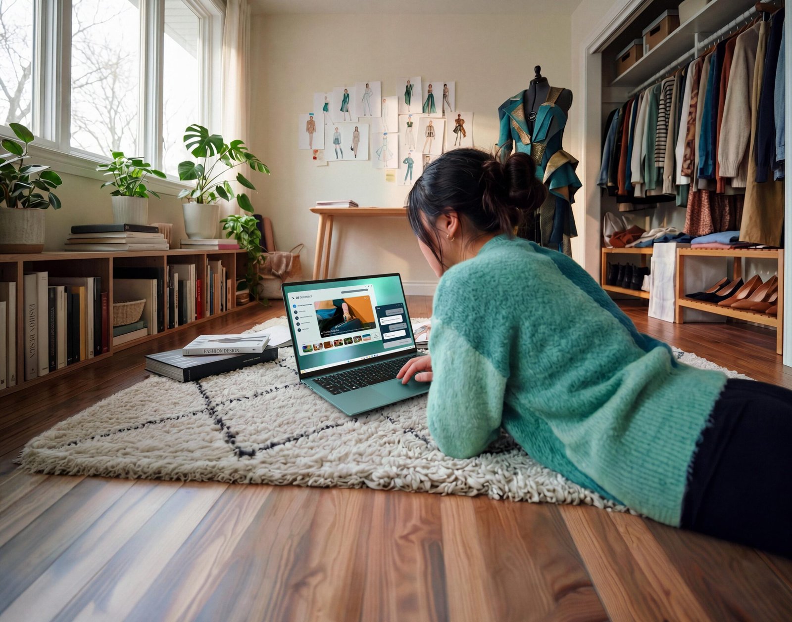 A person using a Dell 14S while prone on a bedroom floor.