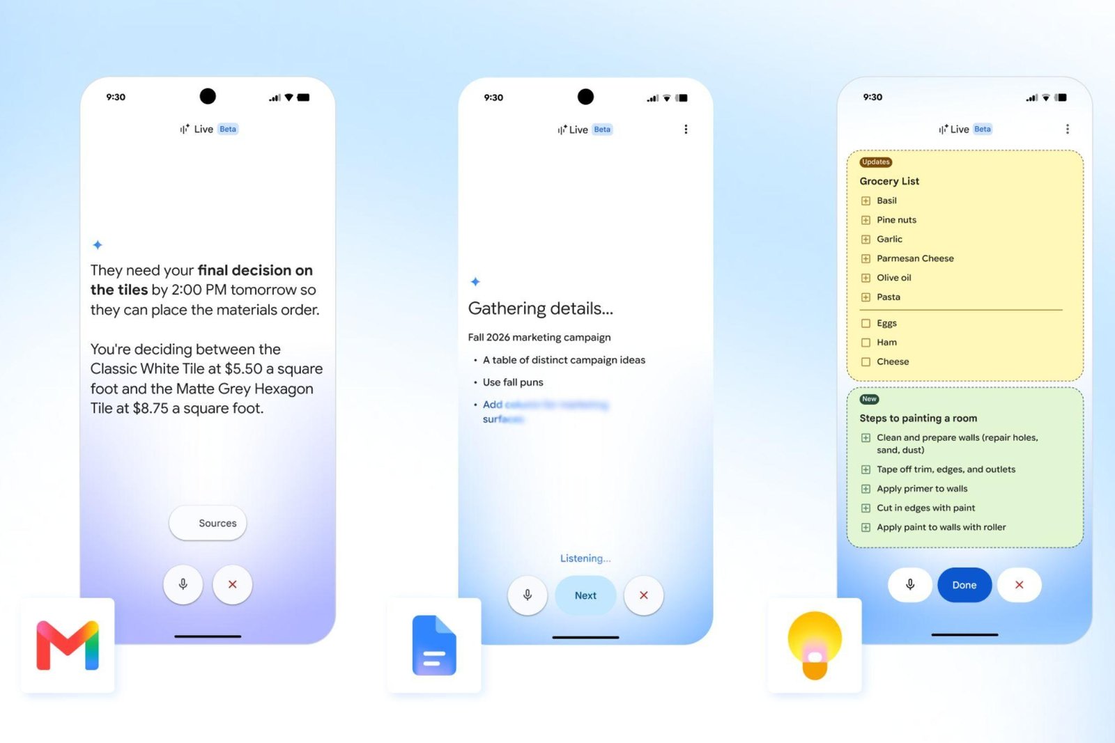 Screenshots showing Gmail Live, Docs Live, and Keep Live.